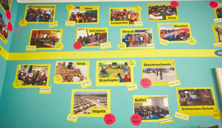 Fotowand mit Bildern aus einem Camp von Geflüchteten im Libanon. 