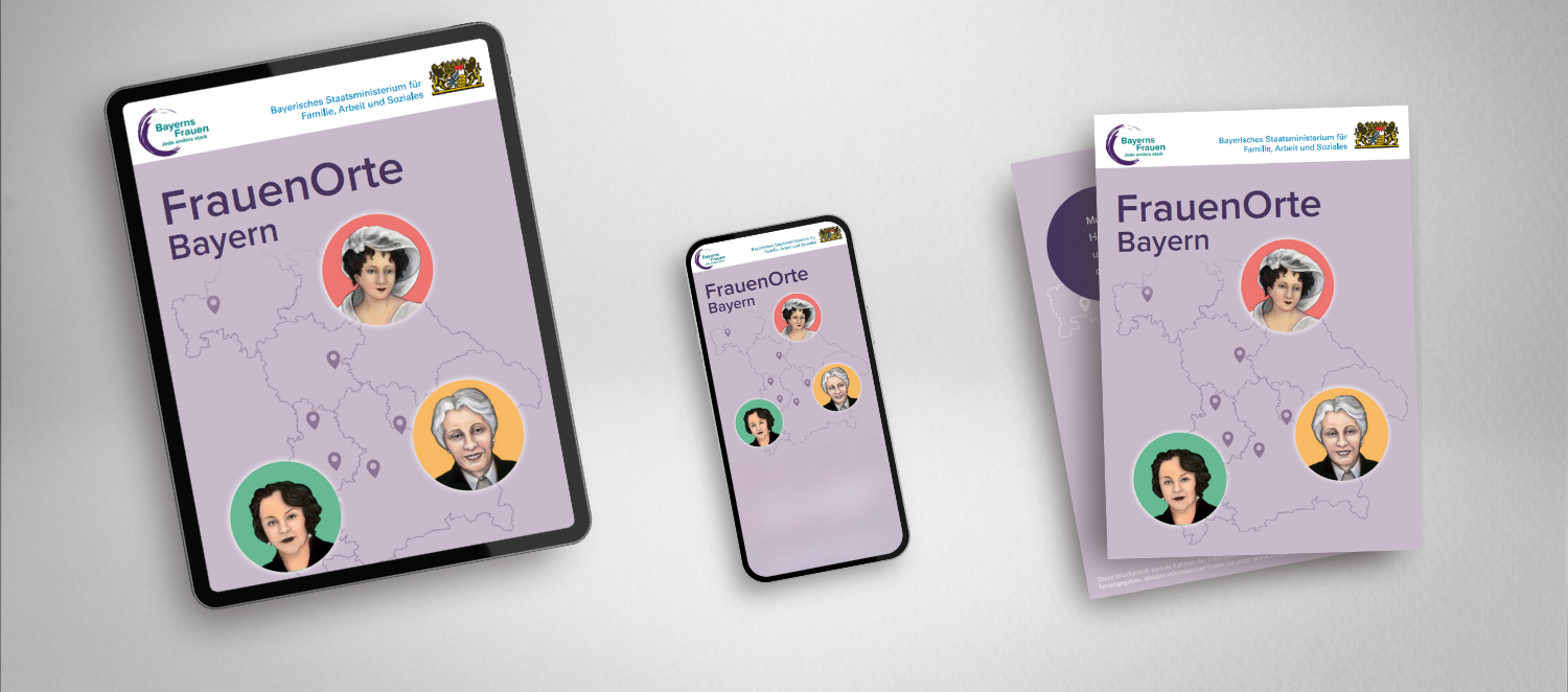 Darstellung physischer Postkarten und digitaler Flyer für das Projekt FrauenOrte