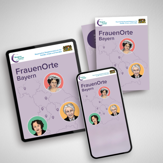 Darstellung physischer Postkarten und digitaler Flyer für das Projekt FrauenOrte
