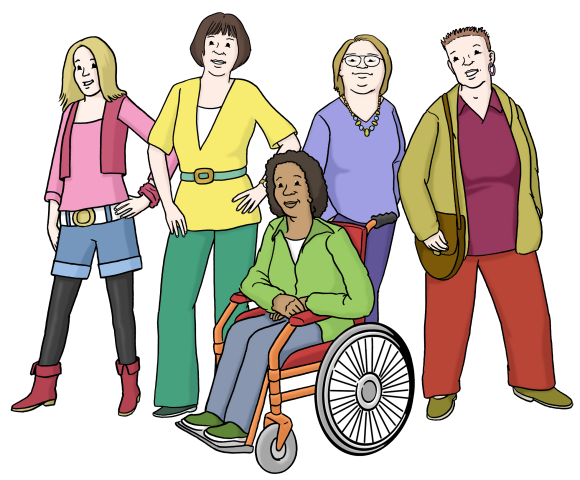 Fünf verschiedene Frauen stehen in einer Gruppe.