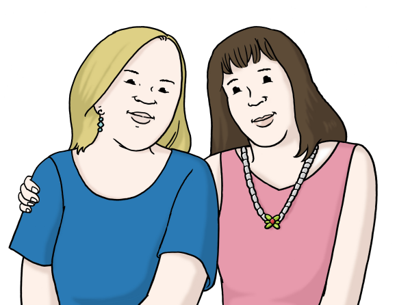 Zwei Frauen. Sie sitzen eng beieinander. Eine hat den Arm um die Schulter der anderen gelegt.