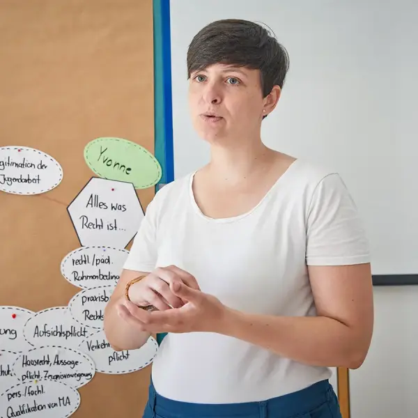 Frau an einem Board mit Begriffen 