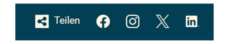 Die fünf Zeichen für Teilen, Facebook, Instagram, X und LinkedIn.