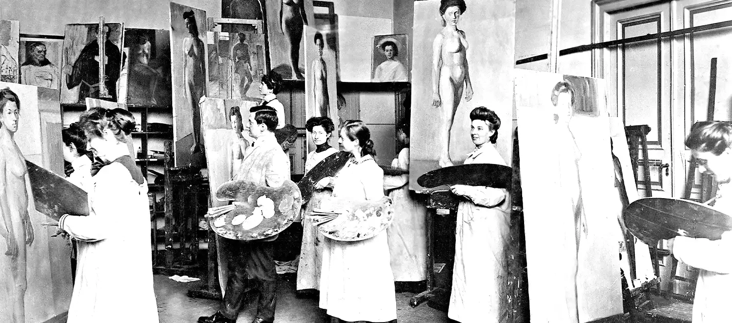 Studentinnen des Malunterrichts bei der Arbeit an der Bayerischen Akademie der Schönen Künste in München.