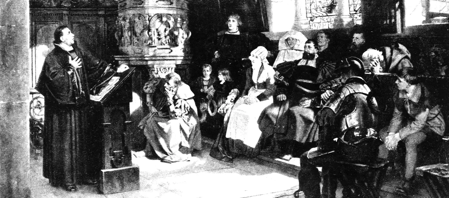 Szene mit Martin Luther, der auf der Wartburg aus der Bibel vorliest