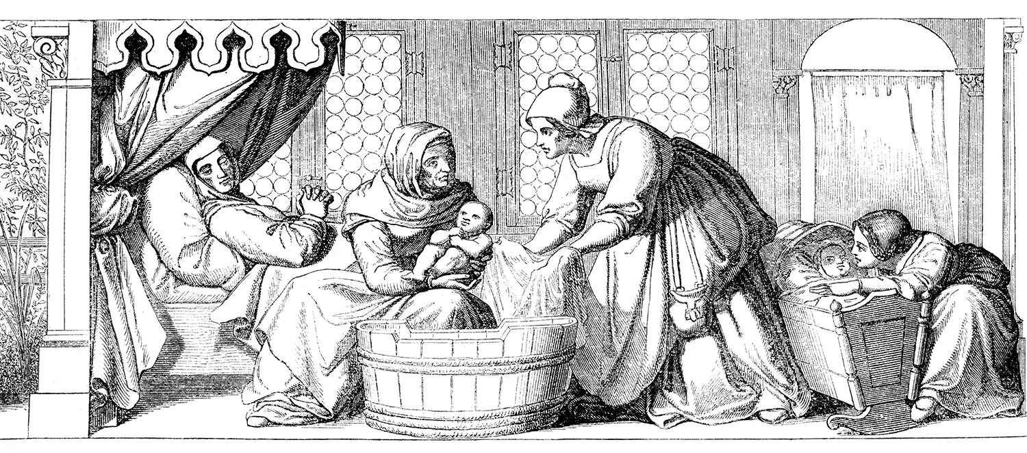 Stahlstich von einer Szene mit Hebammen, die ein Neugeborenes baden. 