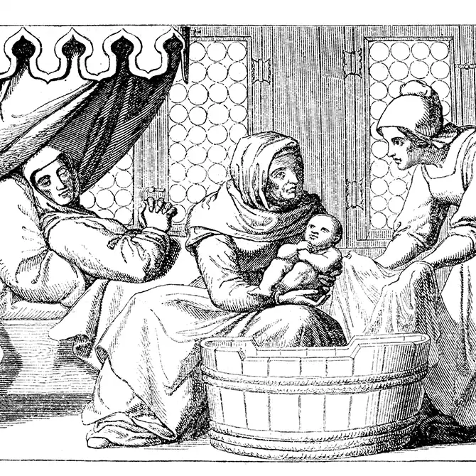 Stahlstich von einer Szene mit Hebammen, die ein Neugeborenes baden.